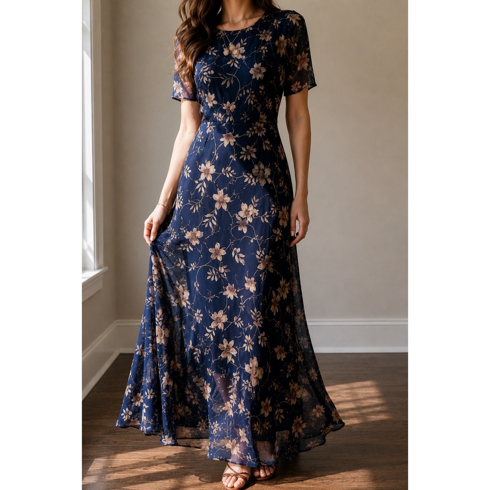 Dark Floral Chiffon Maxi Dress Medium Whimsigoth Cottagecore Boho VTG 90s